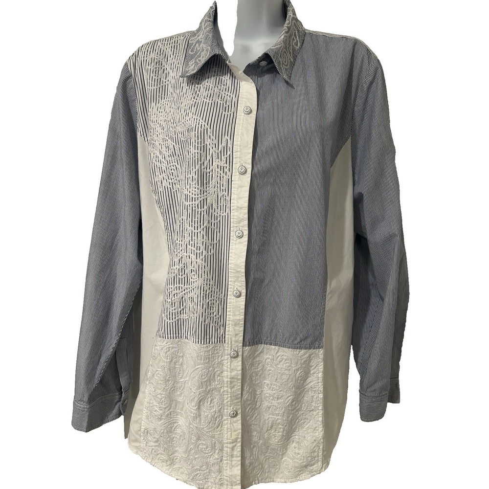 Chicos 3 Nautical Shirt Jacket (XL) Blue Embroidered Cotton Patchwork Coastal